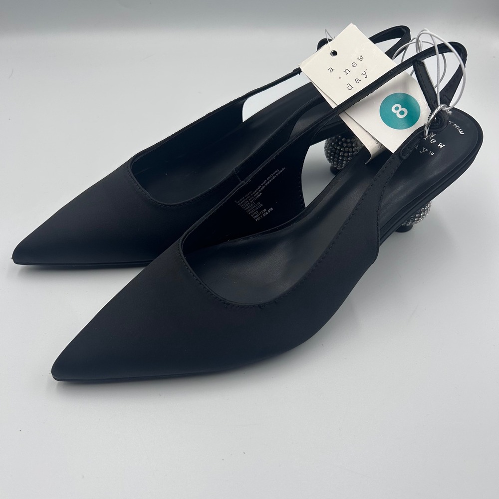 A New Day Black Pointed Toe Slingback Pumps Rhinestone Sphere Kitten Heel 8